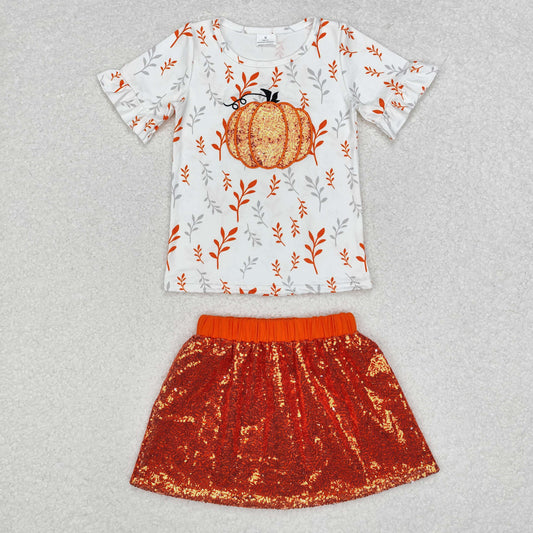 Halloween embroidery sequin pumpkin girls set