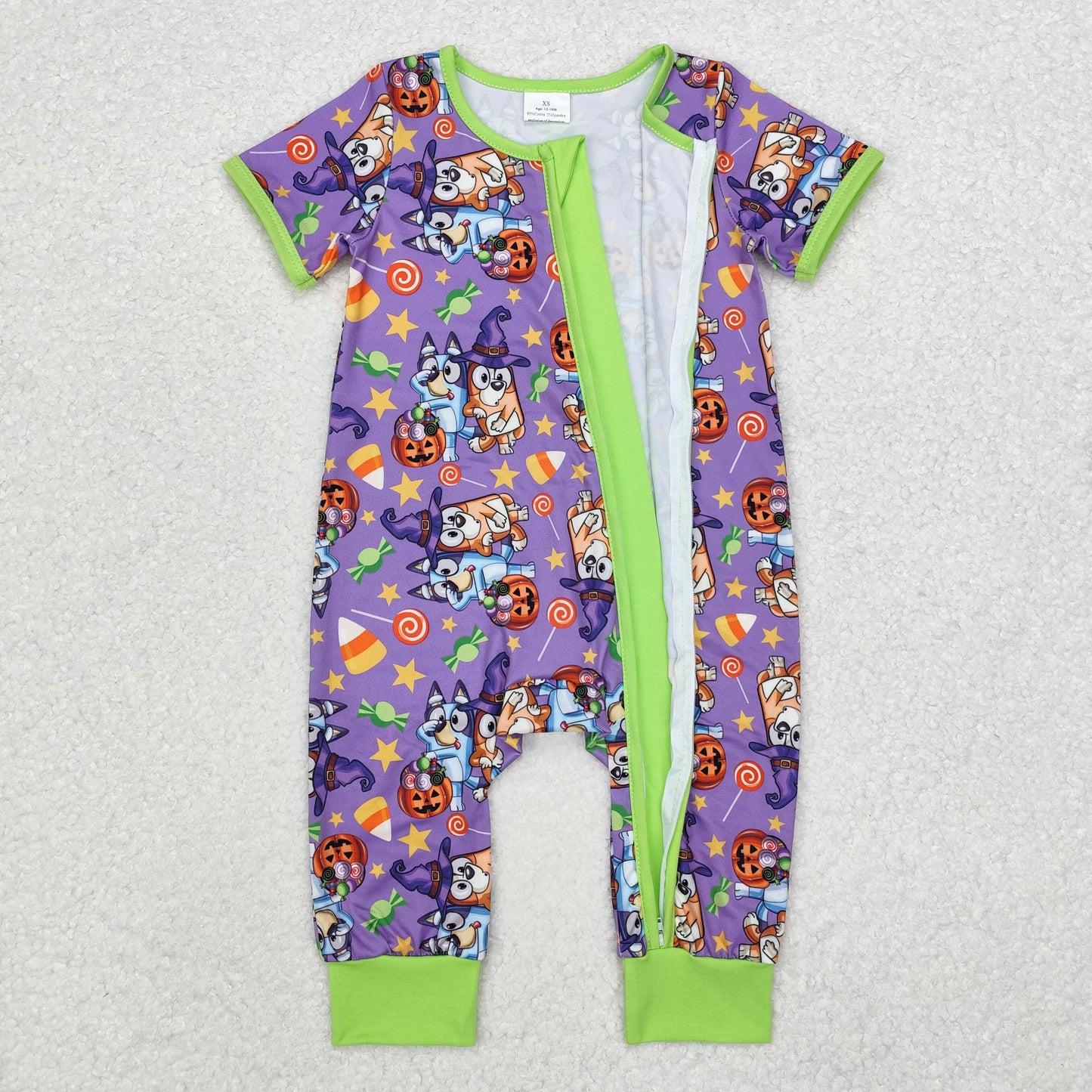 Halloween purple dog print Baby Romper With zipper( material contains bamboo )
