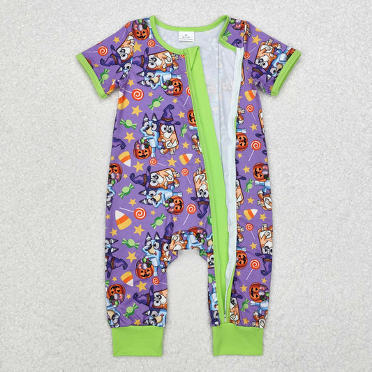 Halloween purple dog print Baby Romper With zipper( material contains bamboo )