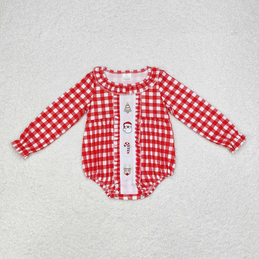 Christmas Red plaid Embroidery Santa Baby Romper