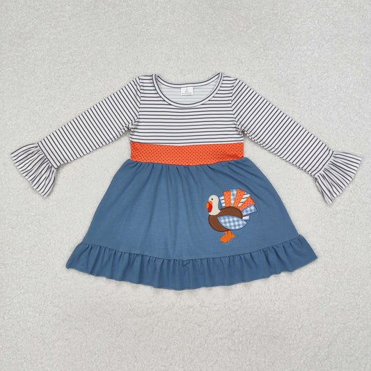 thanksgiving turkey embroidery blue Girls Dress