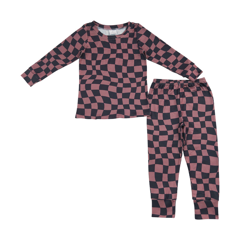 brown Plaid Print Long sleeve pajamas BLP1480