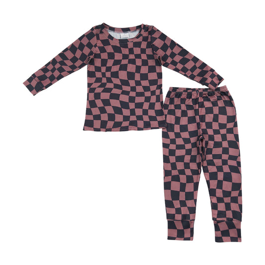 brown Plaid Print Long sleeve pajamas BLP1480