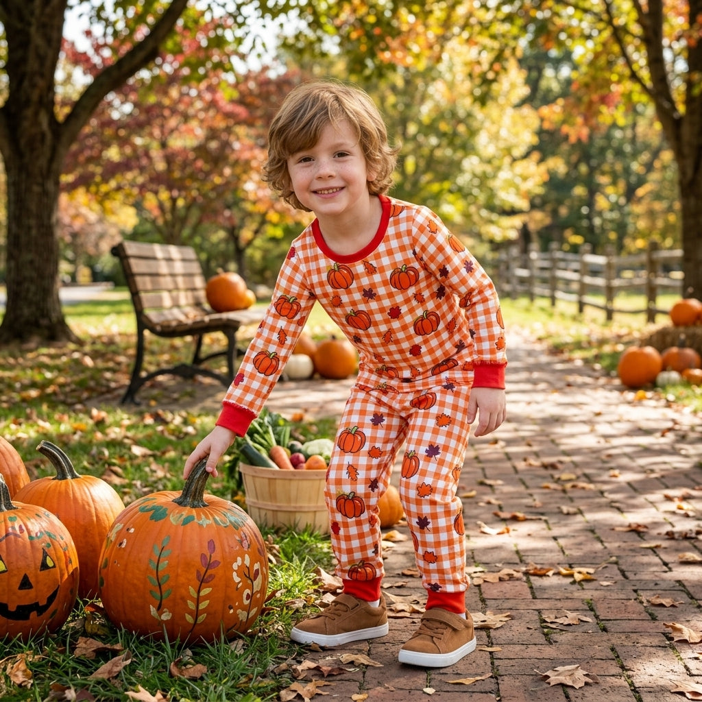 BLP1540 Fall Pumpkin Plaid Orange Boys Pajamas Outfits