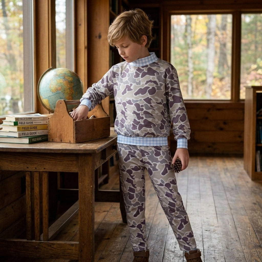 BLP1567 Hunting Camo Blue Plaid Mockneck Boys Set