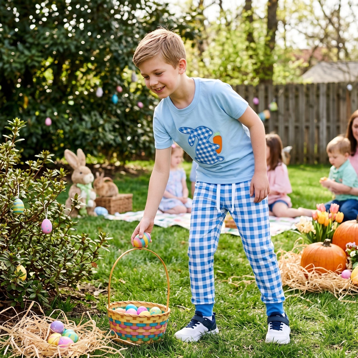 BSPO0703 Embroidery Easter Bunny Plaid Blue Boys Set