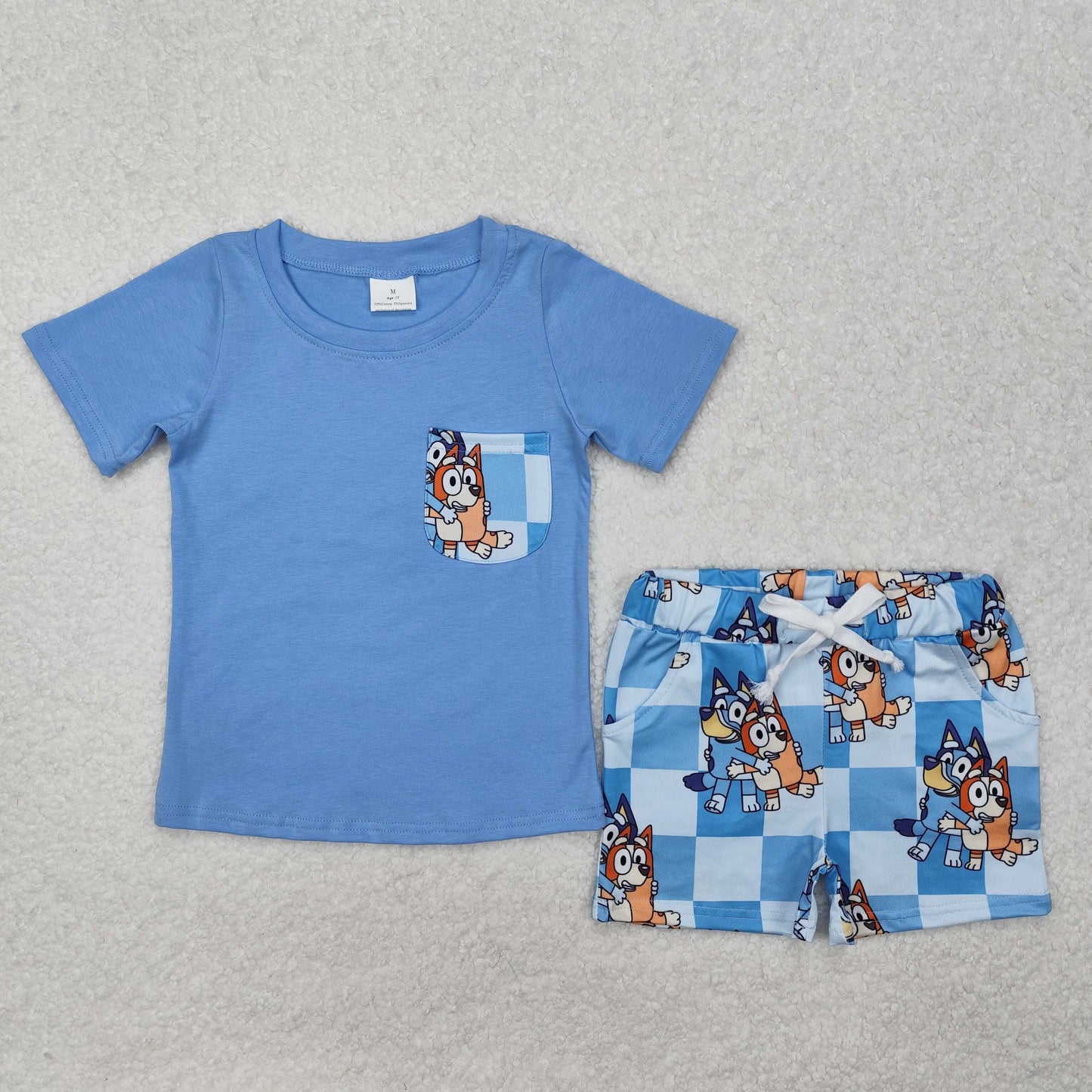 Blue cartoon pocket boys Suit Summer Set