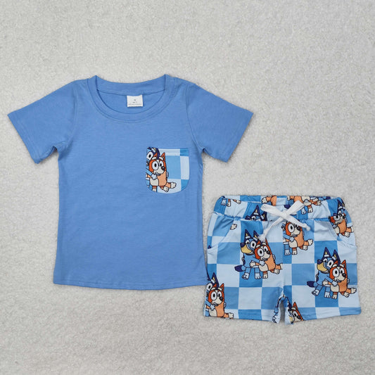 Blue cartoon pocket boys Suit Summer Set