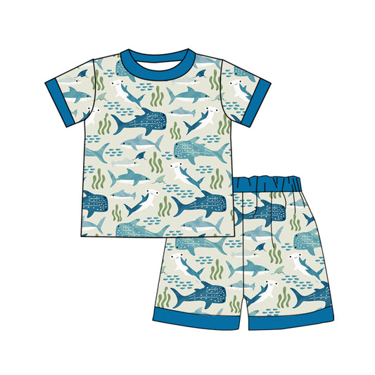 pre -order blue shark sea grass print Short Sleeve boy set BSSO1339