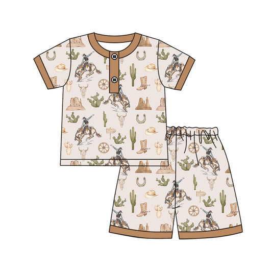 pre -order brown cowboy print short Sleeve boy set BSSO1373