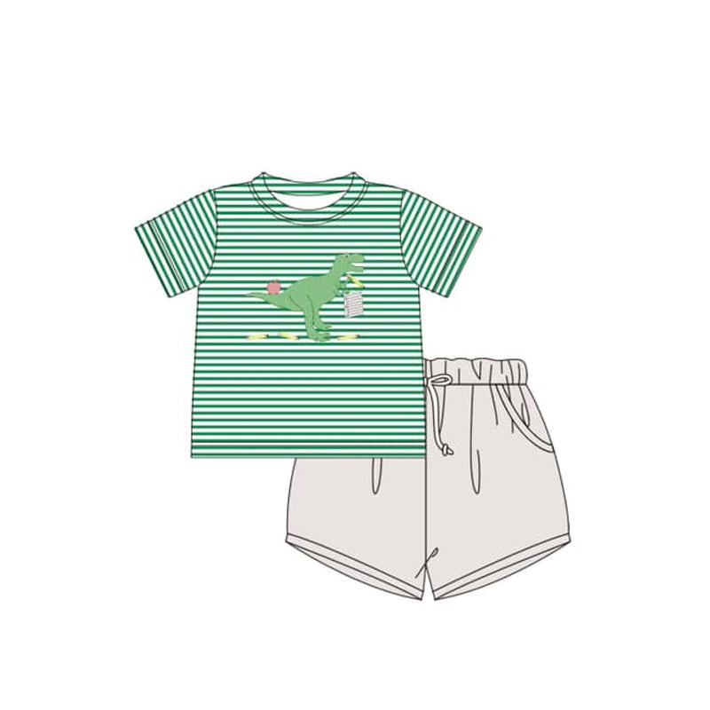 pre -order green stripe dinosaur print short Sleeve boy set BSSO1416