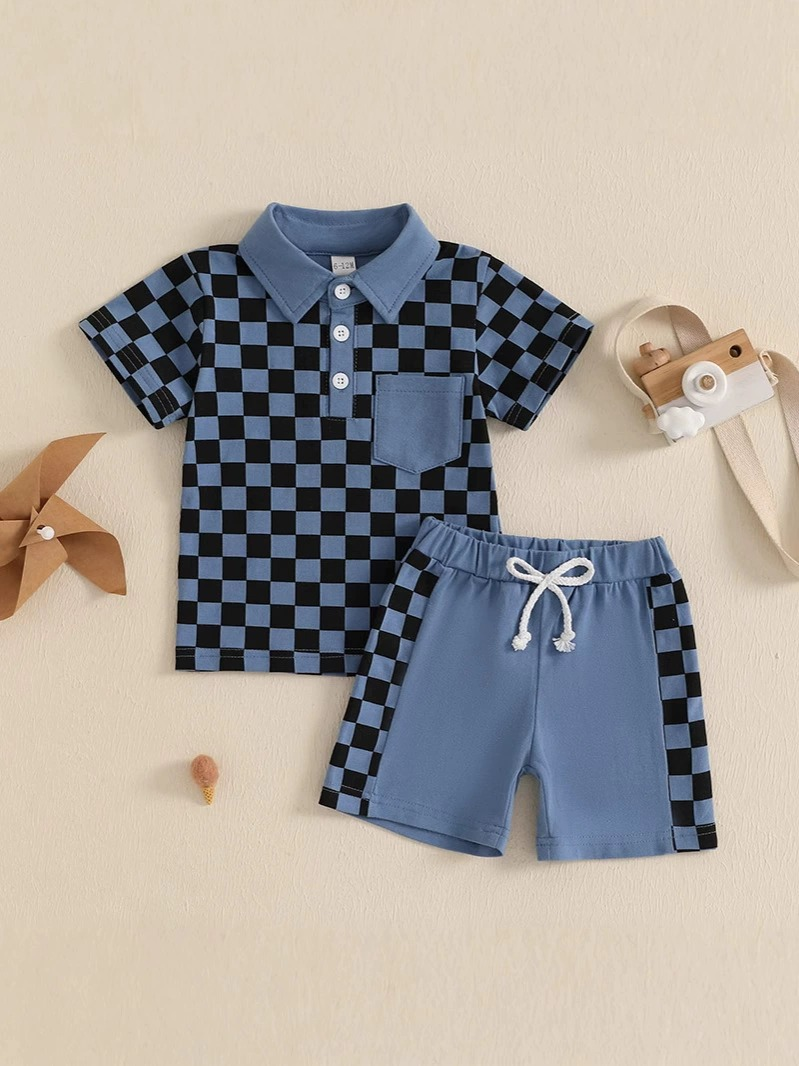 pre -order dark blue plaid short Sleeve boy set BSSO1472