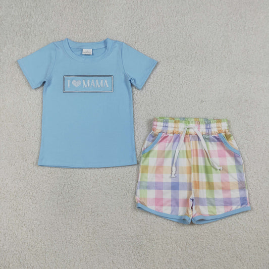 Embroidery i love mama Blue Short Sleeve Boy Set BSSO1605