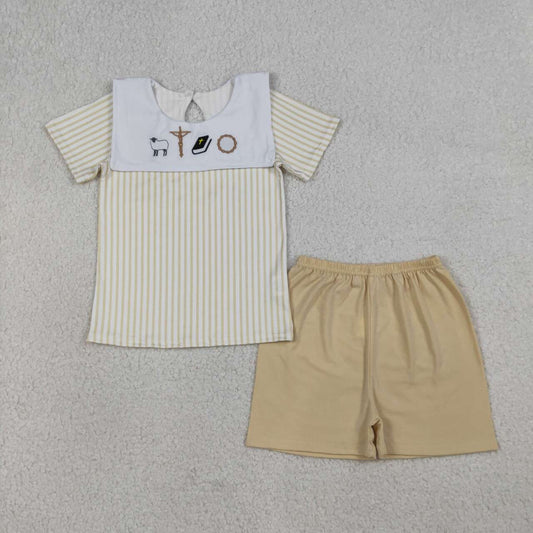 Embroidered sheep cross khaki stripes Short Sleeve Boy Set BSSO1777