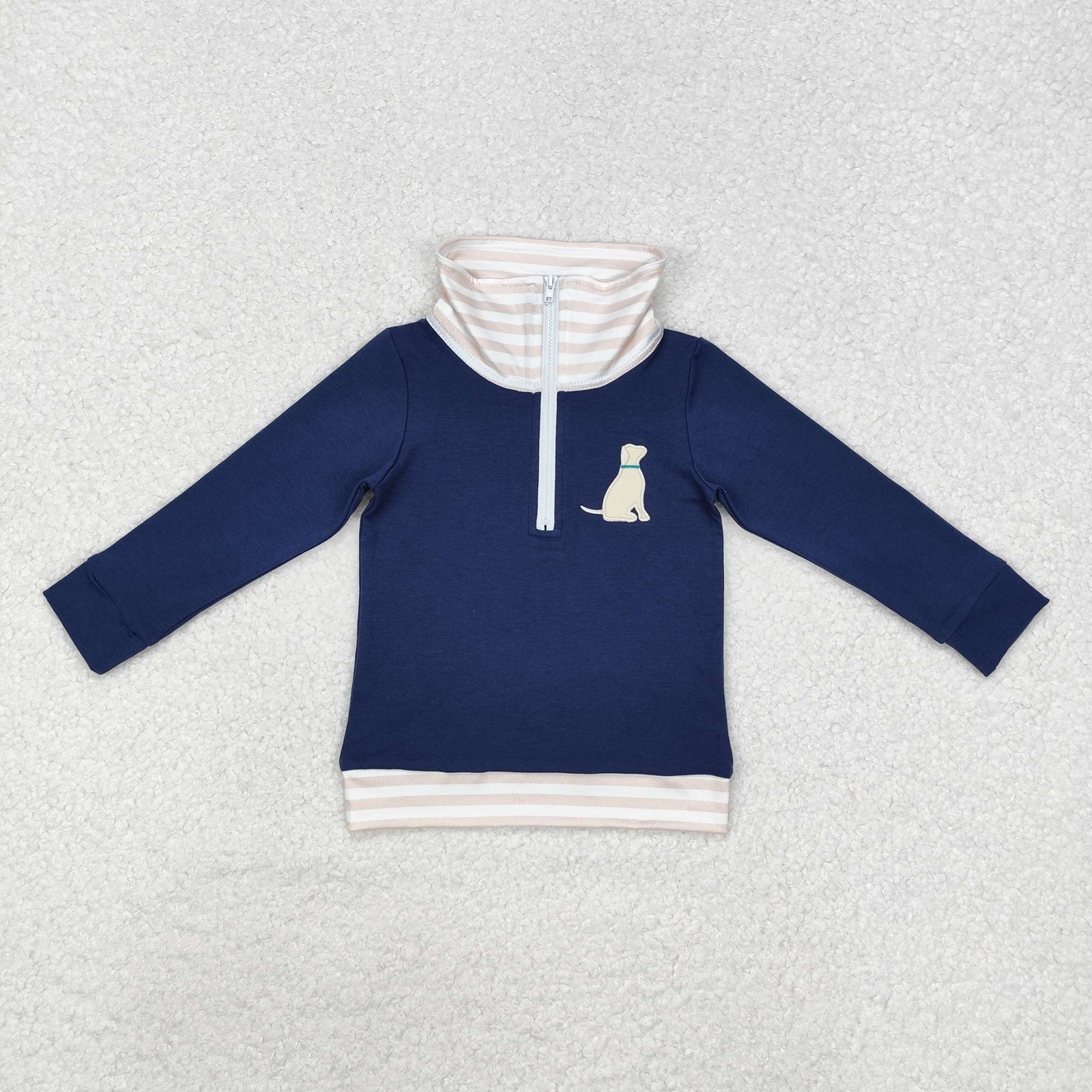 dark blue dog embroidery Long Sleeve Pullover