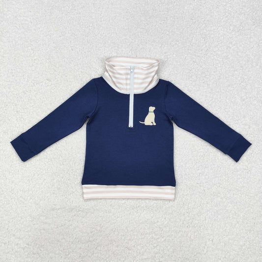 dark blue dog embroidery Long Sleeve Pullover