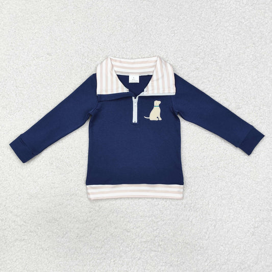 dark blue dog embroidery Long Sleeve Pullover