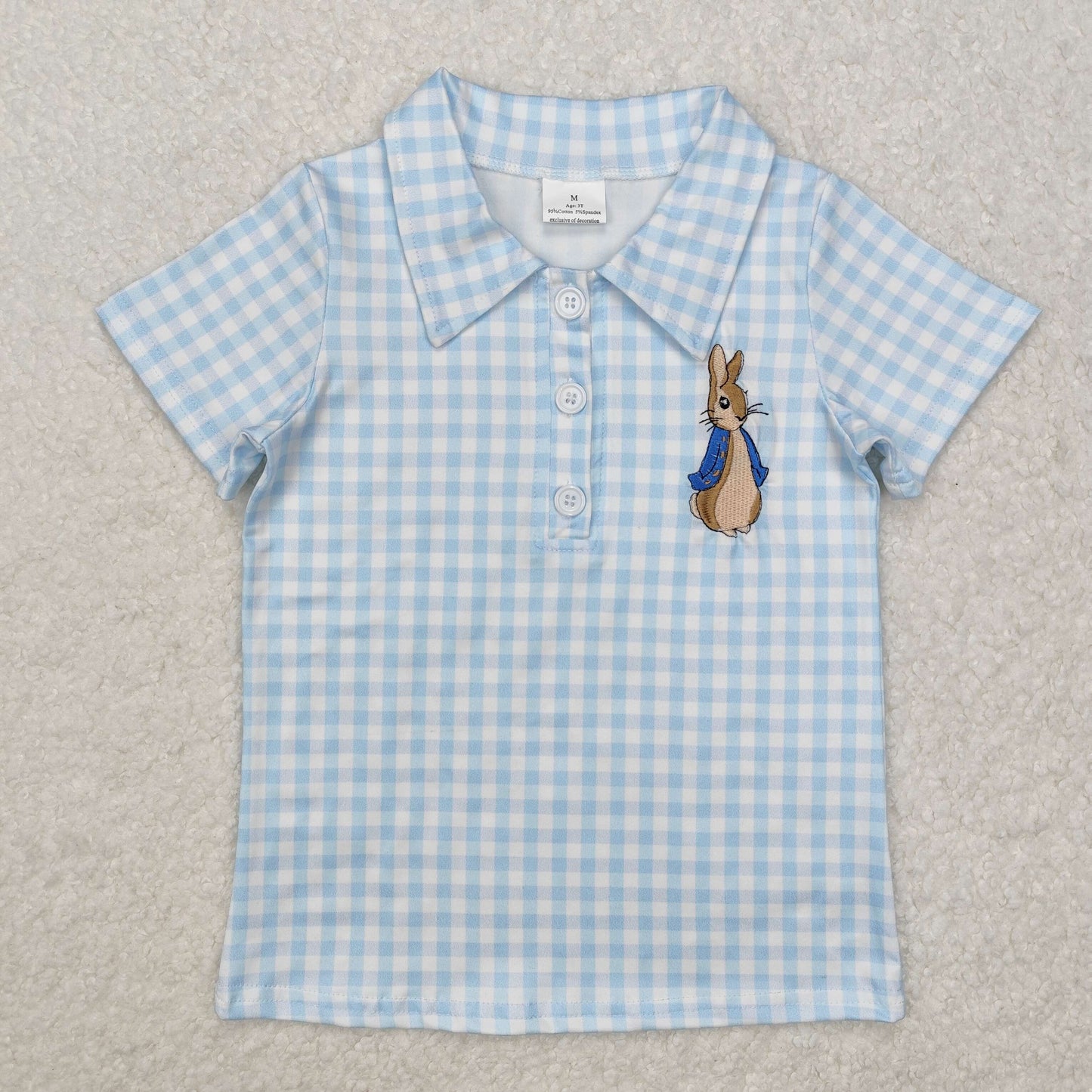blue plaid Embroidery rabbit short sleeve Shirt