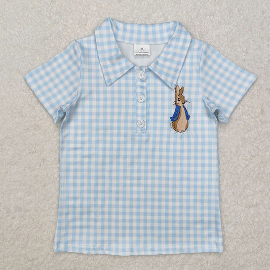 blue plaid Embroidery rabbit short sleeve Shirt