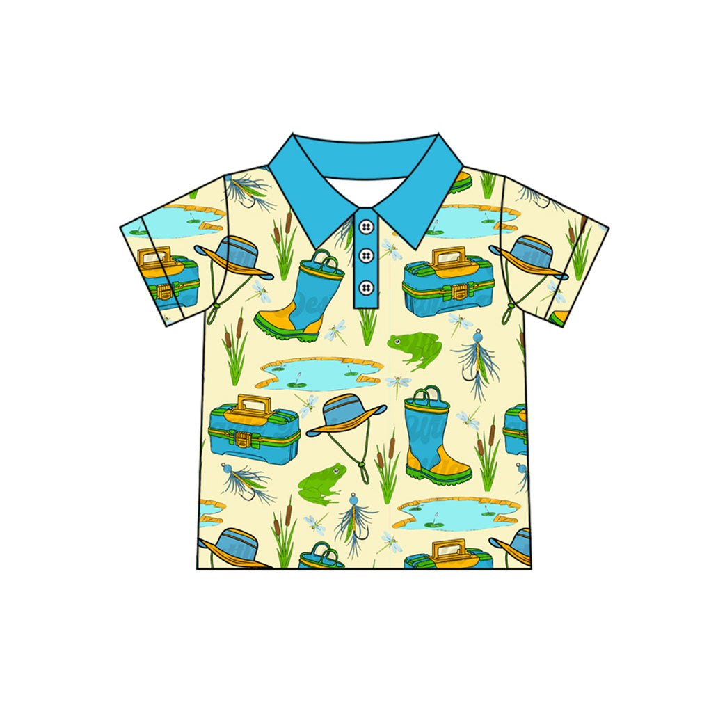 pre -order blue Green fishing print short Sleeve boy set BT1226