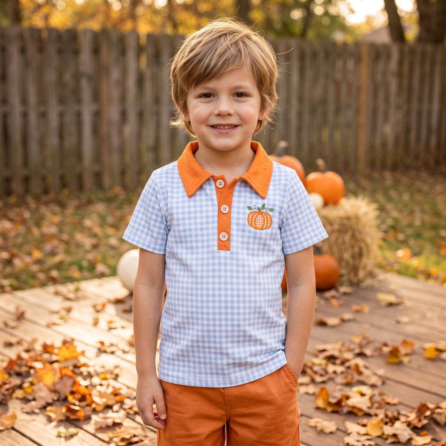 BT1891 Embroidery Fall Pumpkin Plaid Kids Boys Polo Shirt
