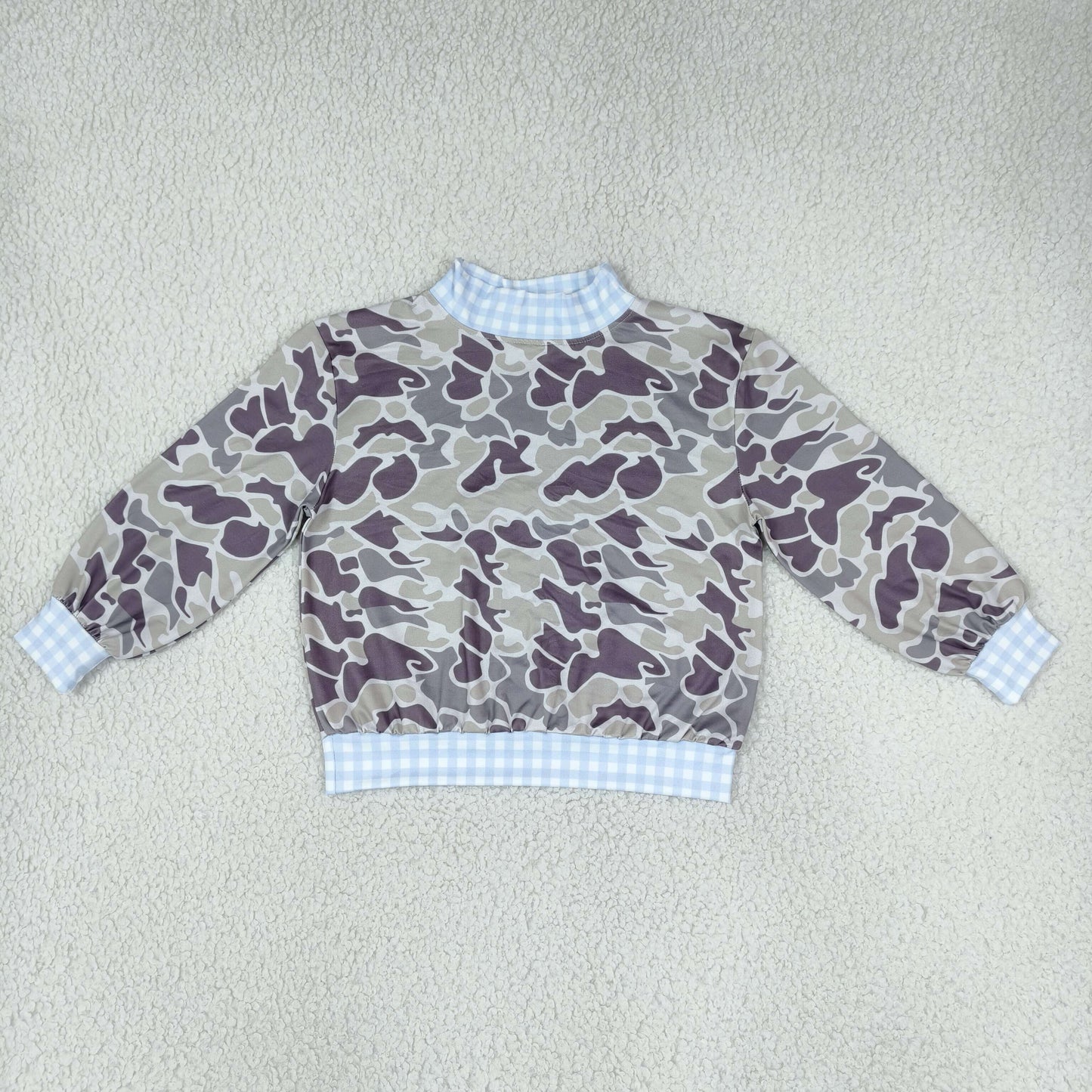 BT1922 Hunting Camo Blue Plaid Mockneck Kids Boys Shirt Top