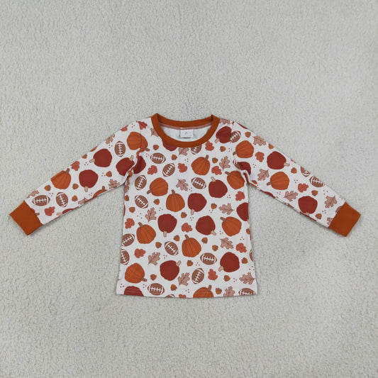 BT1928 Fall Pumpkin Leaf Rugby Print Kids Boys Shirt Top