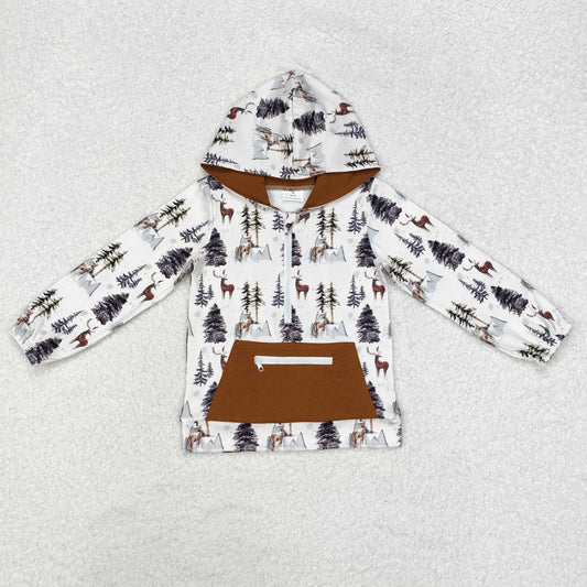 western deer tree print brown pocket hooded