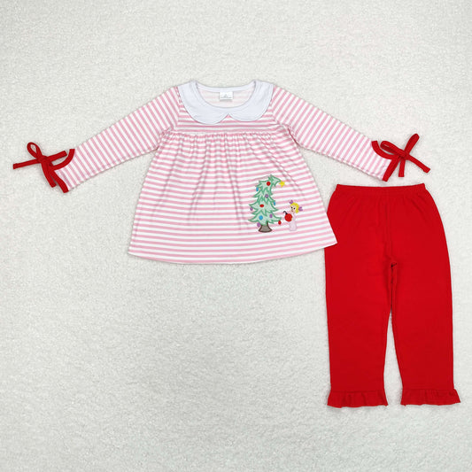 Christmas Red Stripe Embroidery tree Girls Set