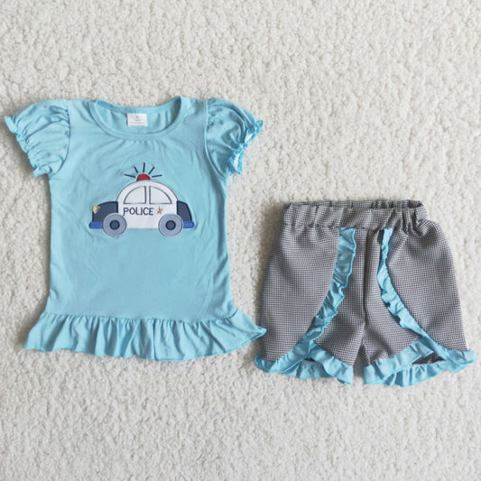 blue embroidered police Girls Set