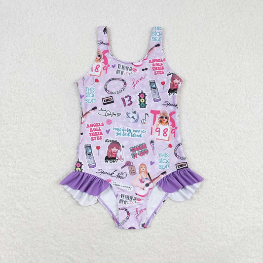 Purple cartoon one piece print Swimsuit