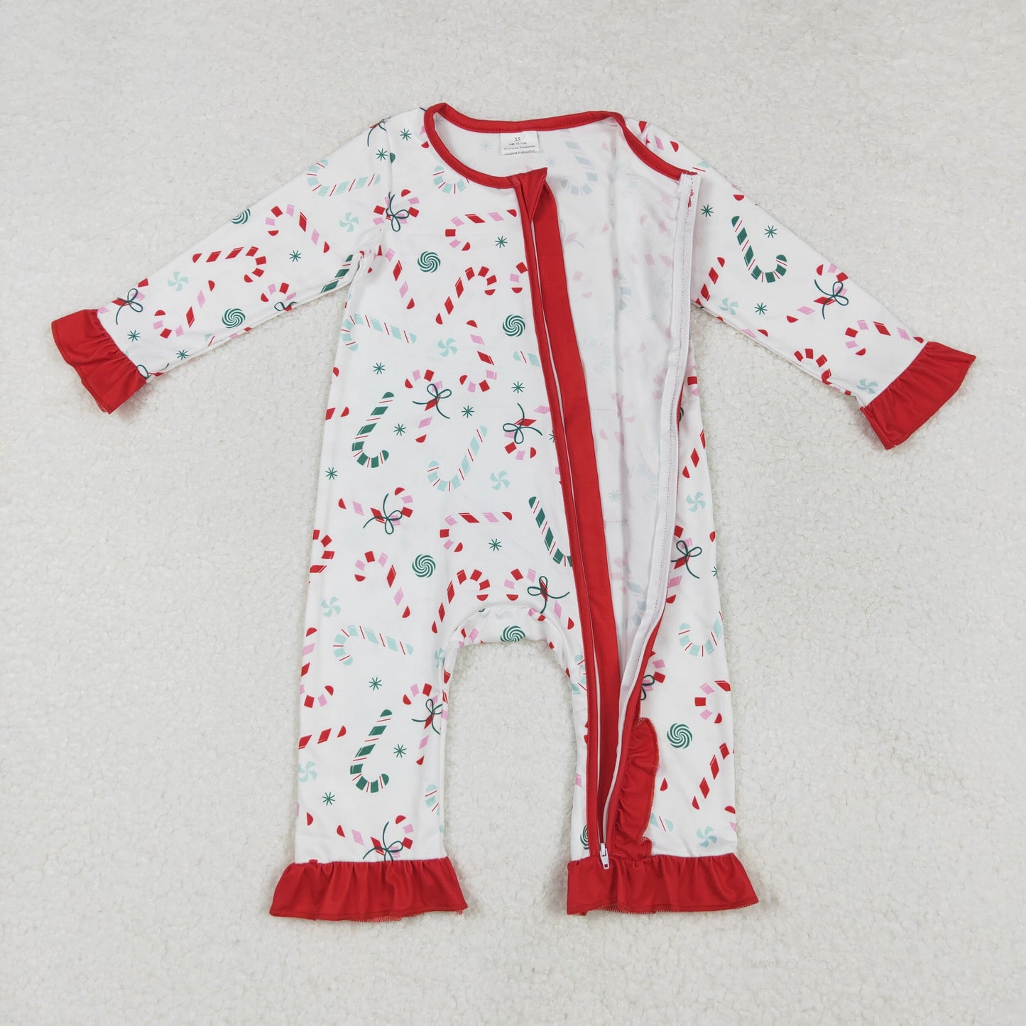 Christmas Red candy Print Baby Romper With zipper