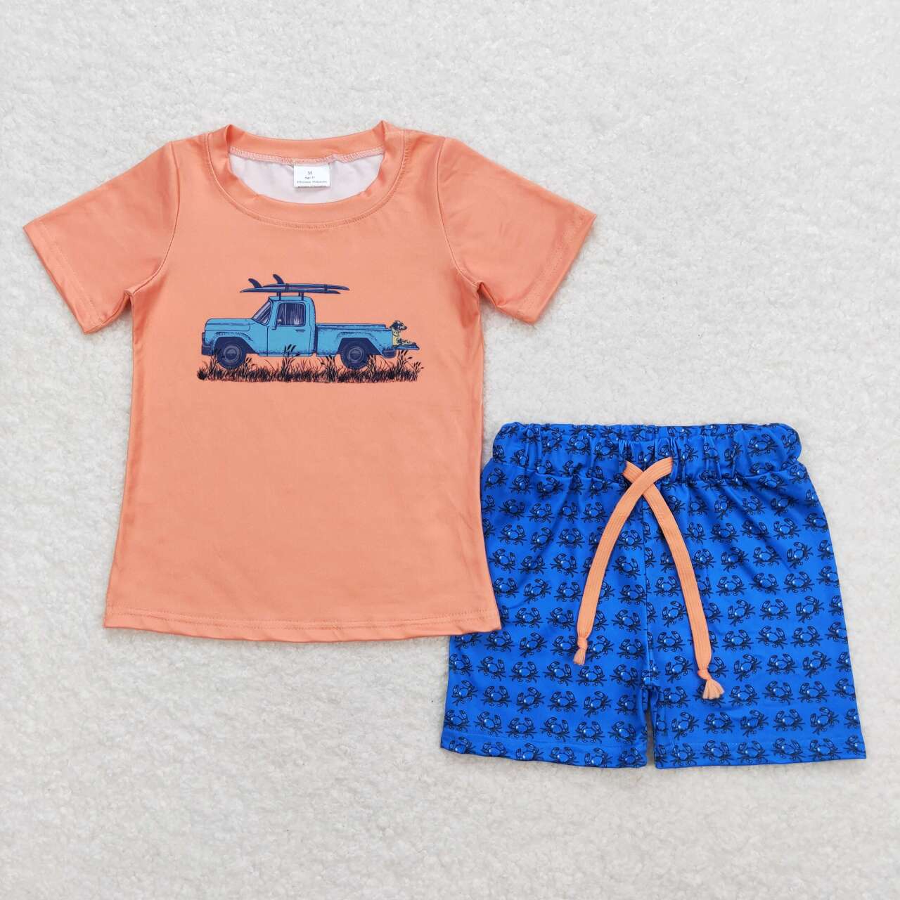 orange car short sleeve boy set