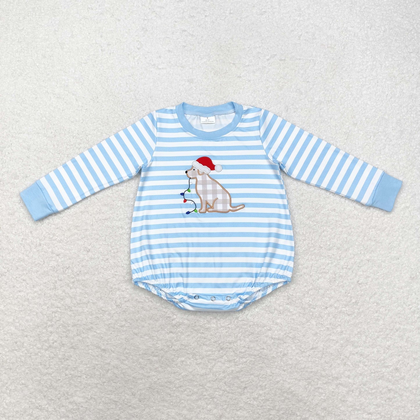 Christmas Blue Stripe Embroidered Dog Baby long Romper