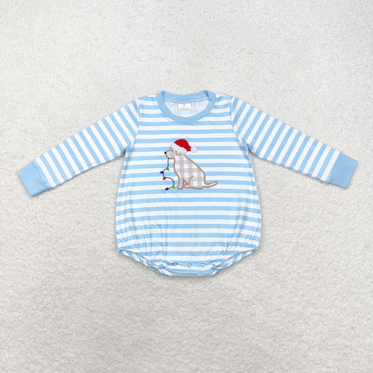 Christmas Blue Stripe Embroidered Dog Baby long Romper
