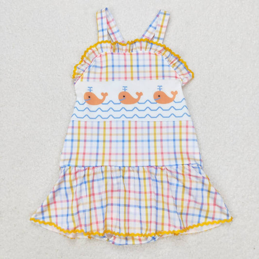 One pic plaid whale print short sleeve Swimsuit