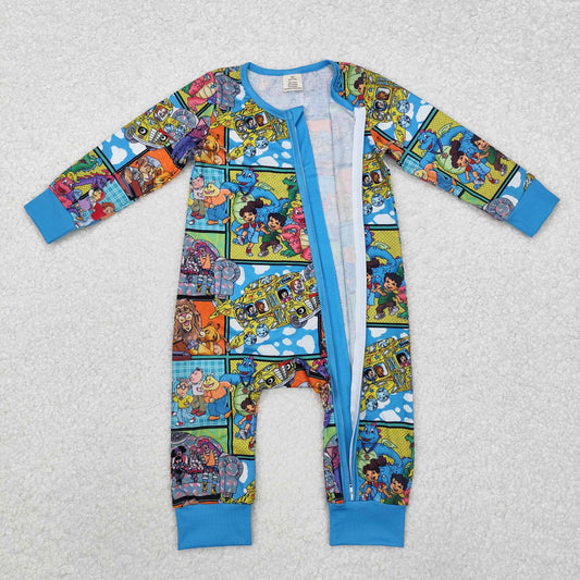 Blue cartoon print Baby Romper With zipper( material contains bamboo )