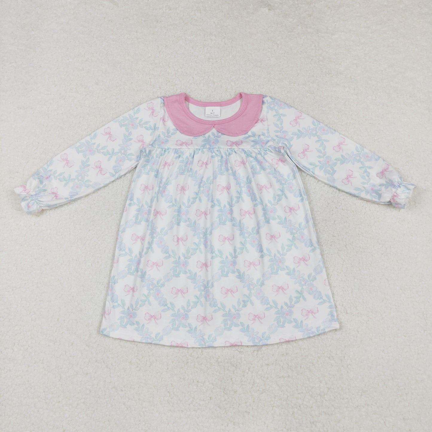 Fall pink bow Pattern Cartoon Long Sleeve Girls Dress