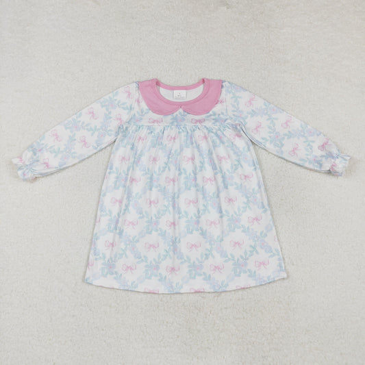Fall pink bow Pattern Cartoon Long Sleeve Girls Dress
