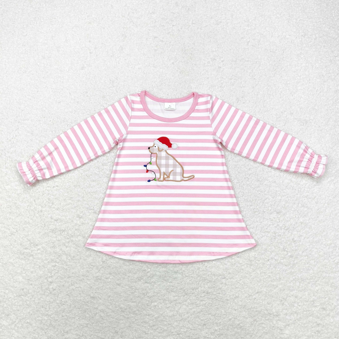 Christmas Pink stripe Dog Embroidery Short Shirt