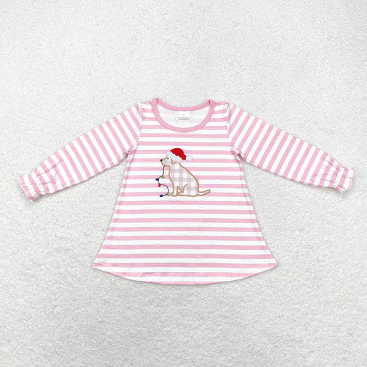 Christmas Pink stripe Dog Embroidery Short Shirt