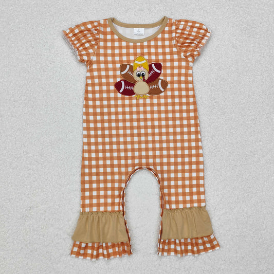 Thanksgiving turkey embroidered plaid short Sleeve Romper