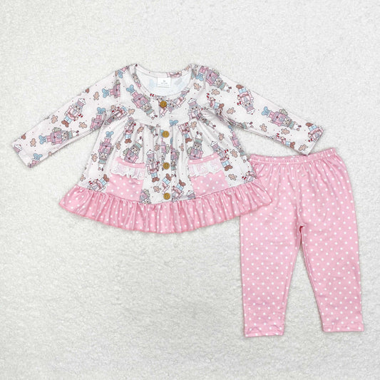 Christmas Gingerbread Pink Dots Print Long Sleeve Pants Set