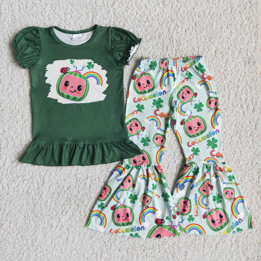 green cartoon print girls Suit Summer SetD9-2