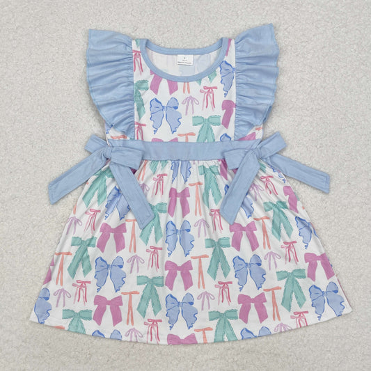 Blue bow Print Short Sleeve Girls dress