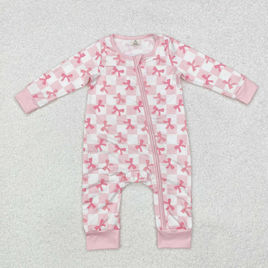 Pink bow print Baby Romper With zipper( material contains bamboo )