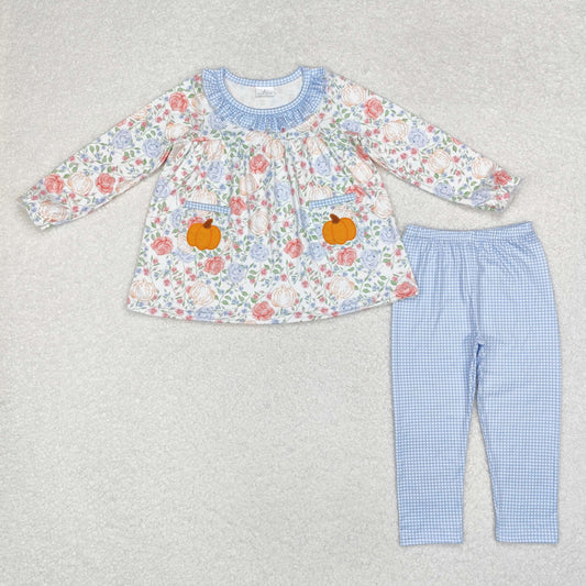 Fall Blue flowers pumpkin leggings Pants Girls Set
