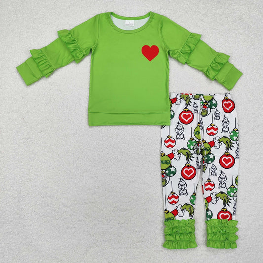 Christmas green cartoon Long Sleeve Girls Set