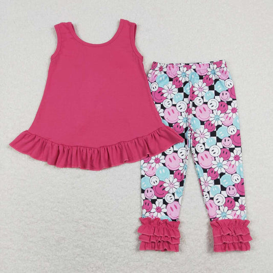 Hot Pink floral Smlie Print leggings Girls Set