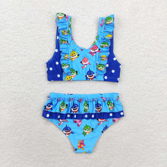 2pc Blue Whale print short sleeve Swimsuit